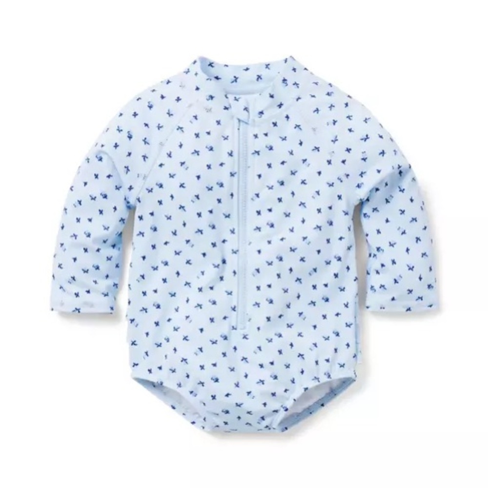 NWT Janie and Jack rash guard swimsuit beau blue floral w/ ruffles 0-3 months‎